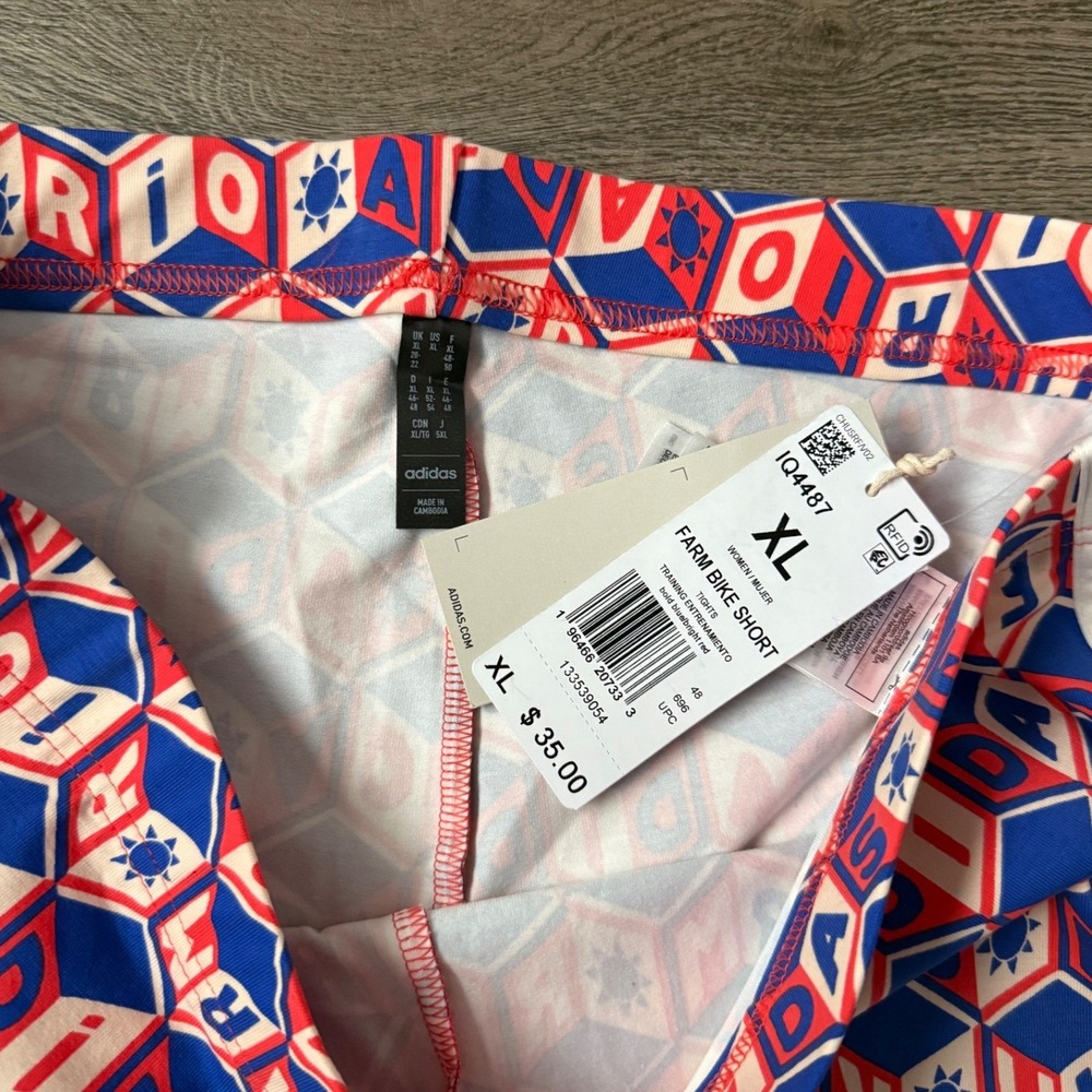 adidas x FARM Rio Cotton Bike Activewear Shorts Women XL Red Blue Logo Print NWT - Picture 13 of 13